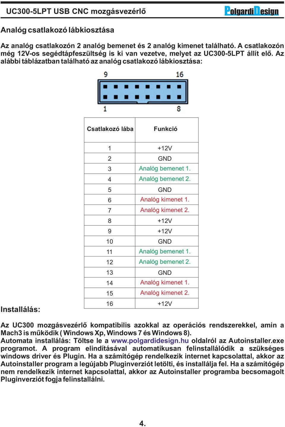 GND Analóg kimenet 1. Analóg kimenet 2. +12V +12V GND Analóg bemenet 1. Analóg bemenet 2. GND Analóg kimenet 1. Analóg kimenet 2. +12V Az UC300 mozgásvezérlő kompatibilis azokkal az operációs rendszerekkel, amin a Mach3 is működik ( Windows Xp, Windows 7 és Windows 8).