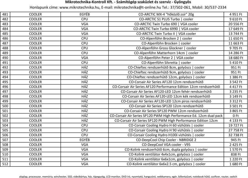 cooler 11 663 Ft 488 COOLER CPU CO-Alpenföhn Gross Glockner cooler 9 705 Ft 489 COOLER CPU CO-Alpenföhn Matterhorn 14cm cooler 14 286 Ft 490 COOLER VGA CO-Alpenföhn Peter 2 VGA cooler 18 680 Ft 491