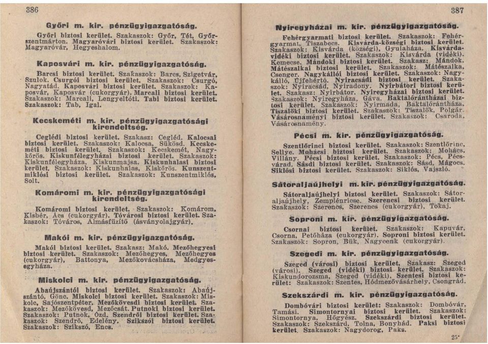 Illarcali biztosi kerület. Szakaszok: Marcali, Lengyeltóti. Tabi biztosi kerület. Szakaszok: Tab, Igal. Kecskeméti m. kir. pénzügyigazgatósági kirendeltség. Ceglédi biztosi kerület. Szak8iSz: Cilgléd.