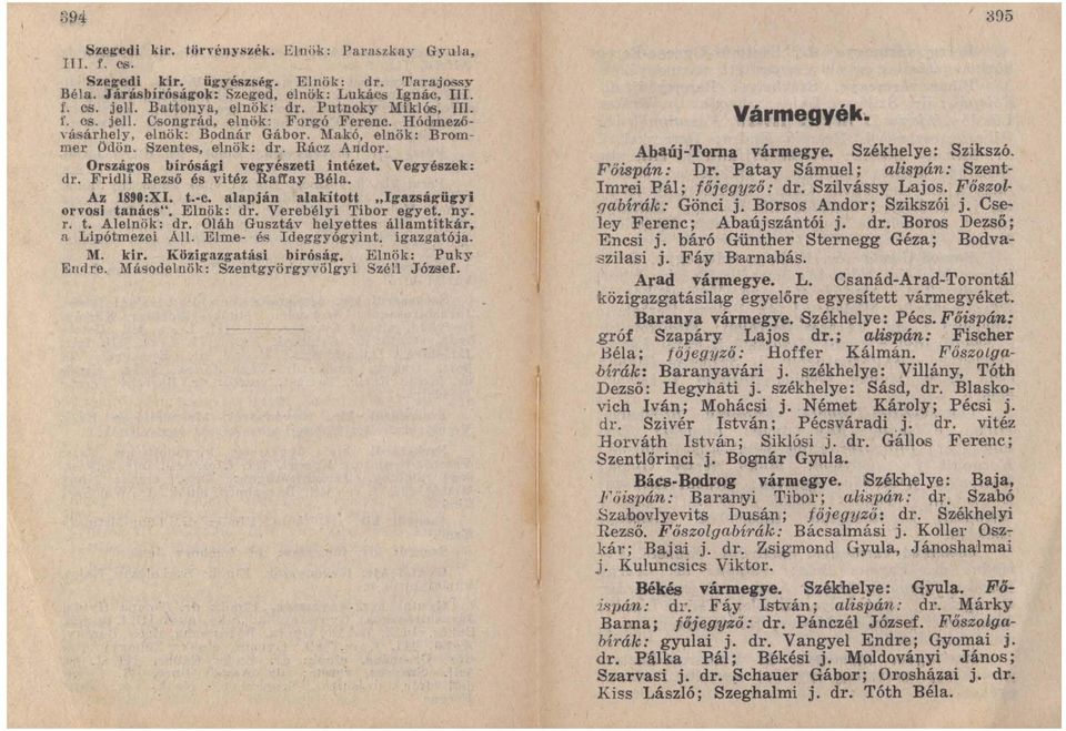 Országos bírósági vegyészeti intézet. Vegyészek: dr. Fridli Rezső és vitéz Rafl'ay Béla. Az 189.:XI. t.-c. alapján alakított.. Igazságügyi orvosi tanács". Elnök: dr. Verebélyi Tibor egyet. ny_ r. t. Alelnök: dr.