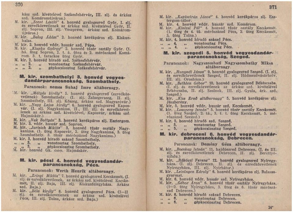 honvéd Hizér osztály Gy6r. (1. há. üteg Sopron, 2. t. á. üteg és 2. mér6szlizad Komárom. 3. t. tarackos üteg Gy6r. M. kir. 2. honvéd hiradó szd. Székesfehérvár... 2. vonatosztag Székesfehérvár... 2. gépkocsiosztag Székesfehérvár.