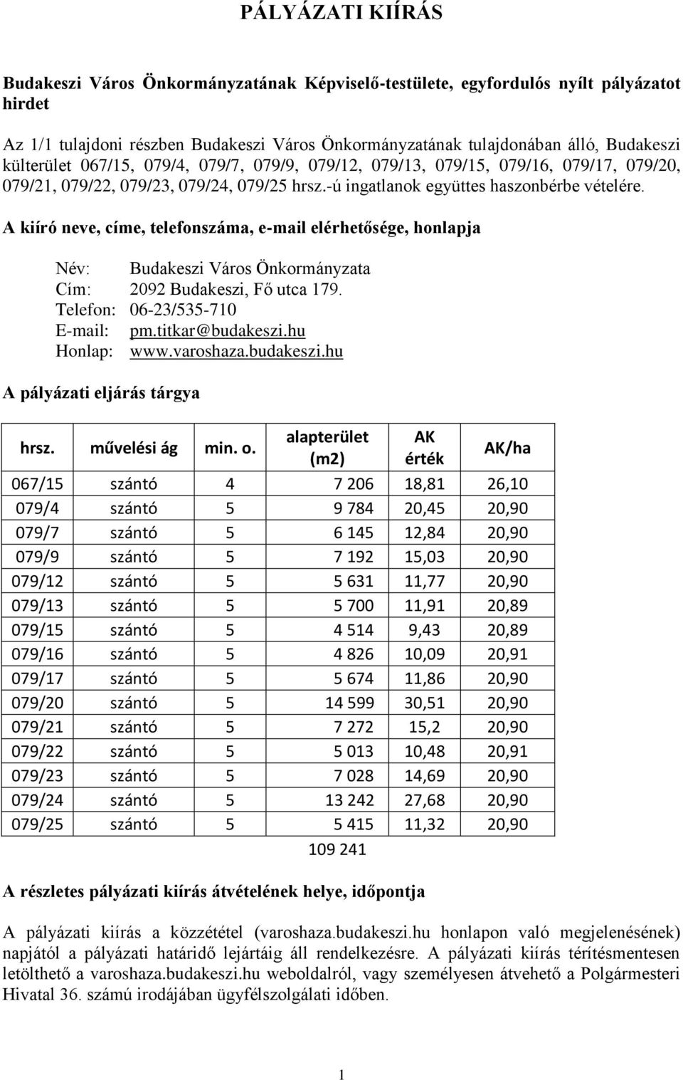 A kiíró neve, címe, telefonszáma, e-mail elérhetősége, honlapja Név: Budakeszi Város Önkormányzata Cím: 2092 Budakeszi, Fő utca 179. Telefon: 06-23/535-710 E-mail: pm.titkar@budakeszi.hu Honlap: www.