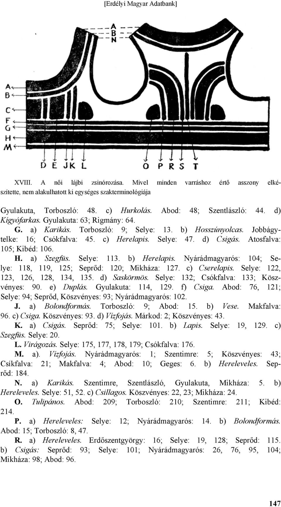 H. a) Szegfüs. Selye: 113. b) Herelapis. Nyárádmagyarós: 104; Selye: 118, 119, 125; Seprőd: 120; Mikháza: 127. c) Cserelapis. Selye: 122, 123, 126, 128, 134, 135. d) Saskörmös.