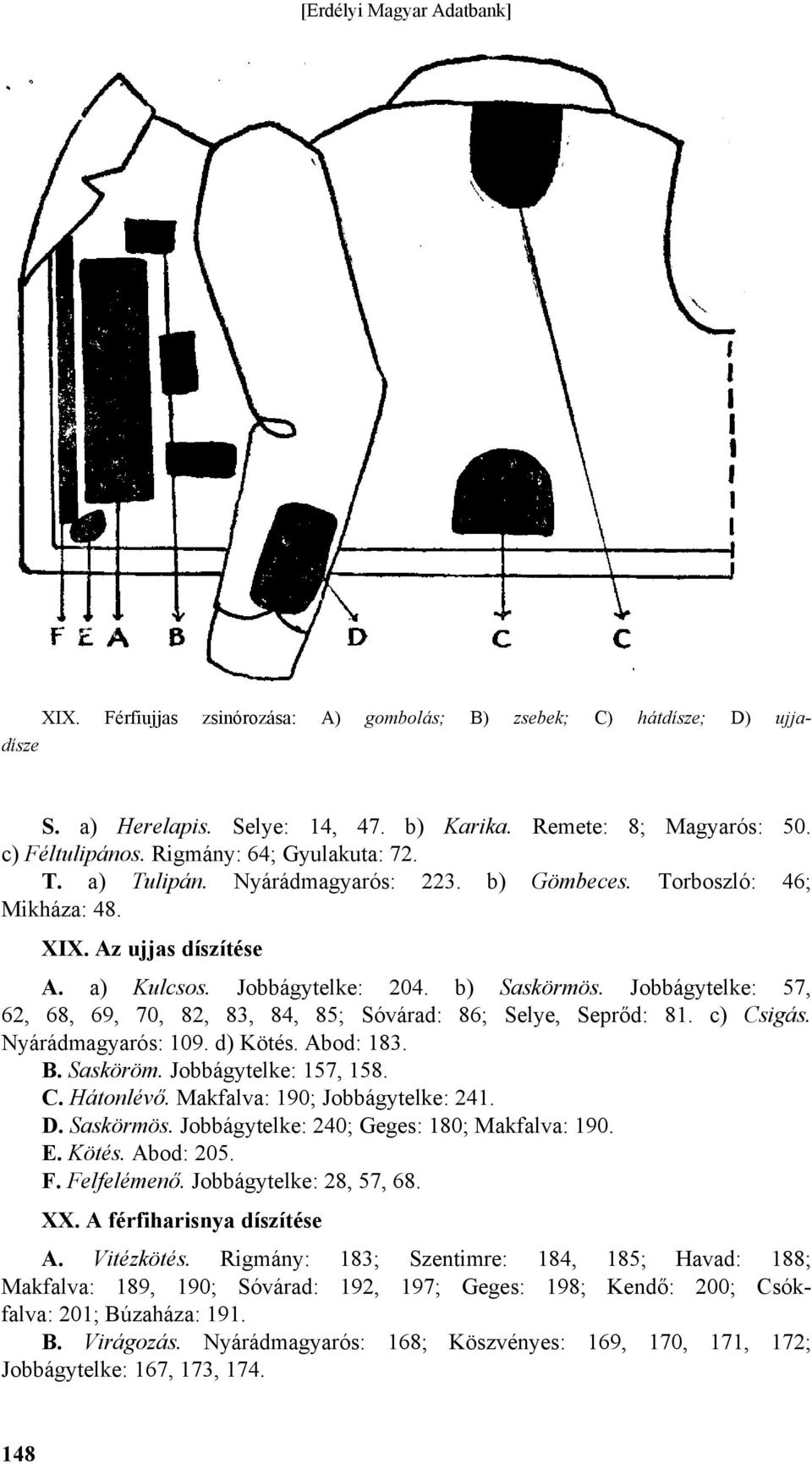 Jobbágytelke: 57, 62, 68, 69, 70, 82, 83, 84, 85; Sóvárad: 86; Selye, Seprőd: 81. c) Csigás. Nyárádmagyarós: 109. d) Kötés. Abod: 183. B. Sasköröm. Jobbágytelke: 157, 158. C. Hátonlévő.