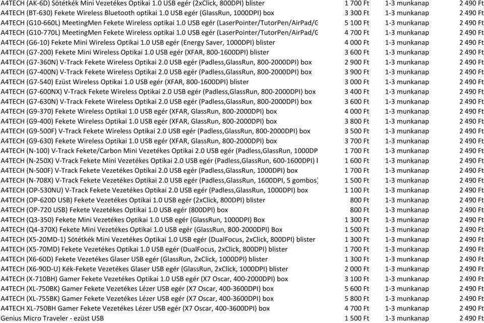 0 USB egér (LaserPointer/TutorPen/AirPad/Glassrun, 2000DPI) 5 100 Ft Box1-3 munkanap 2 490 Ft A4TECH (G10-770L) MeetingMen Fekete Wireless optikai 1.