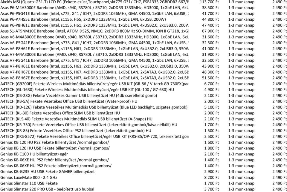 1-3 munkanap 2 490 Ft Asus P6-P7H55E Barebone (Intel, s1156, H55, 2xDDR3 1333MHz, 1xGbE LAN, 6xUSB, 200W) 44 800 Ft 1-3 munkanap 2 490 Ft Asus P6-P8H61E Barebone (Intel, s1155, H61, 2xDDR3 1333MHz,