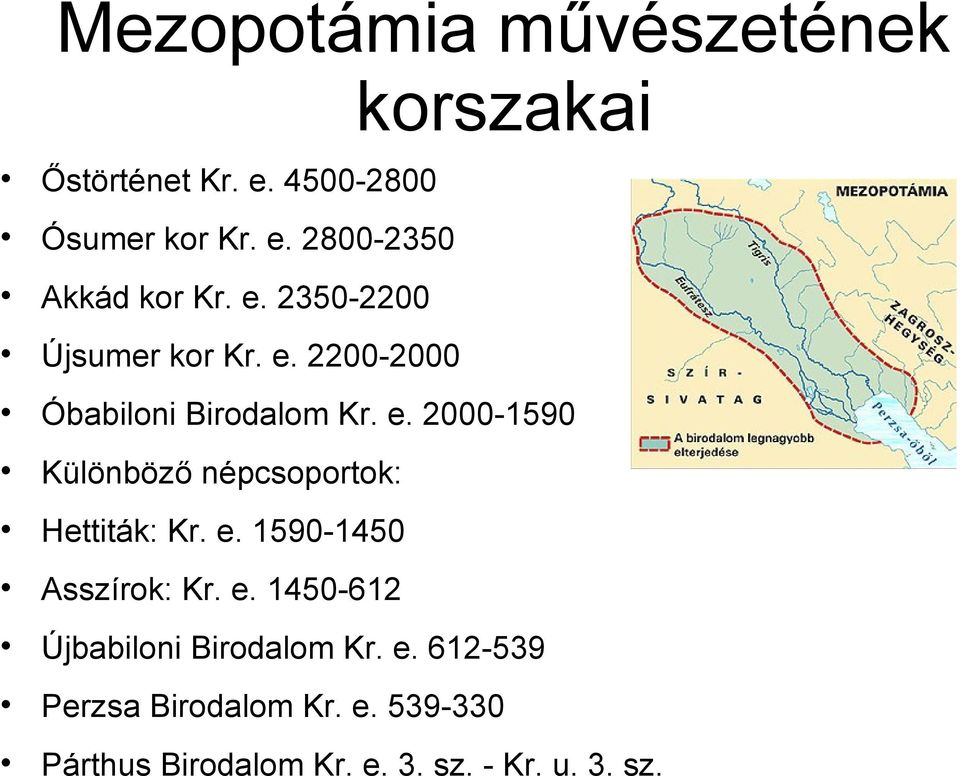 e. 1590-1450 Asszírok: Kr. e. 1450-612 Újbabiloni Birodalom Kr. e. 612-539 Perzsa Birodalom Kr.