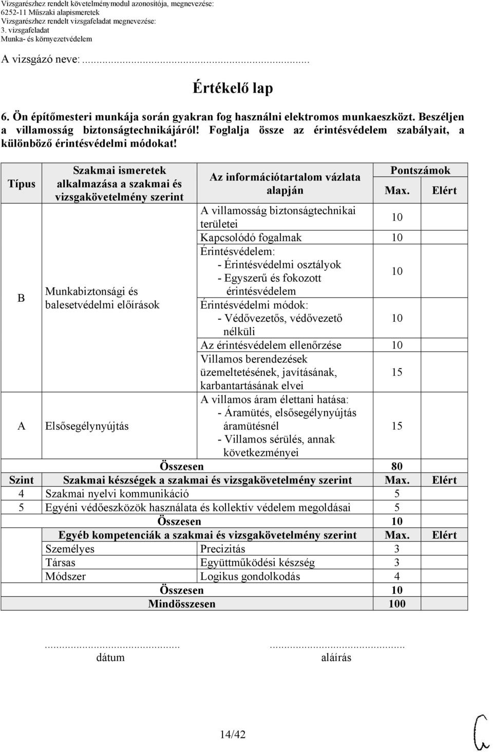 Típus B A Szakmai ismeretek alkalmazása a szakmai és vizsgakövetelmény szerint Munkabiztonsági és balesetvédelmi előírások Elsősegélynyújtás Az információtartalom vázlata alapján Pontszámok Max.