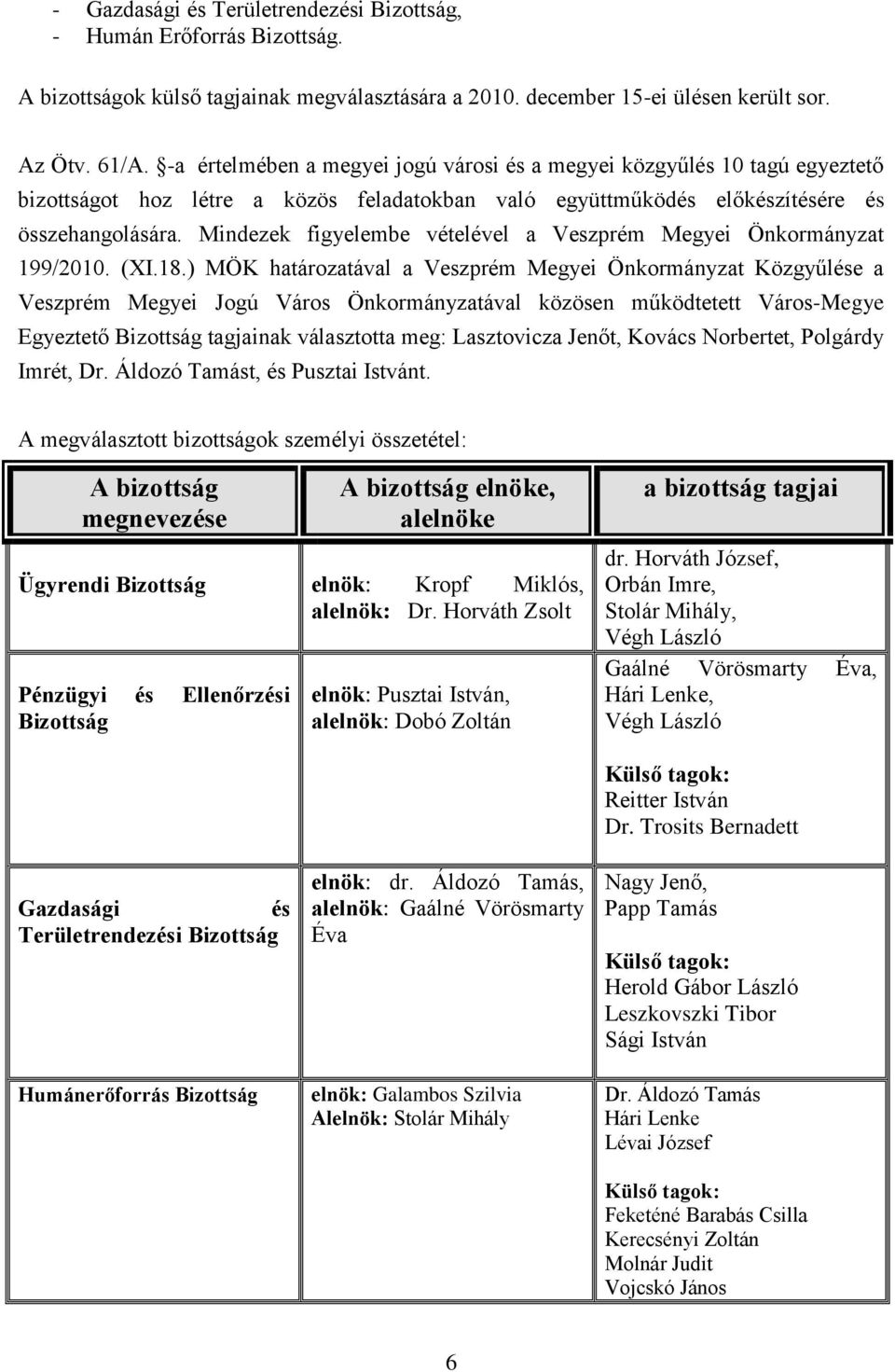 Mindezek figyelembe vételével a Veszprém Megyei Önkormányzat 199/2010. (XI.18.