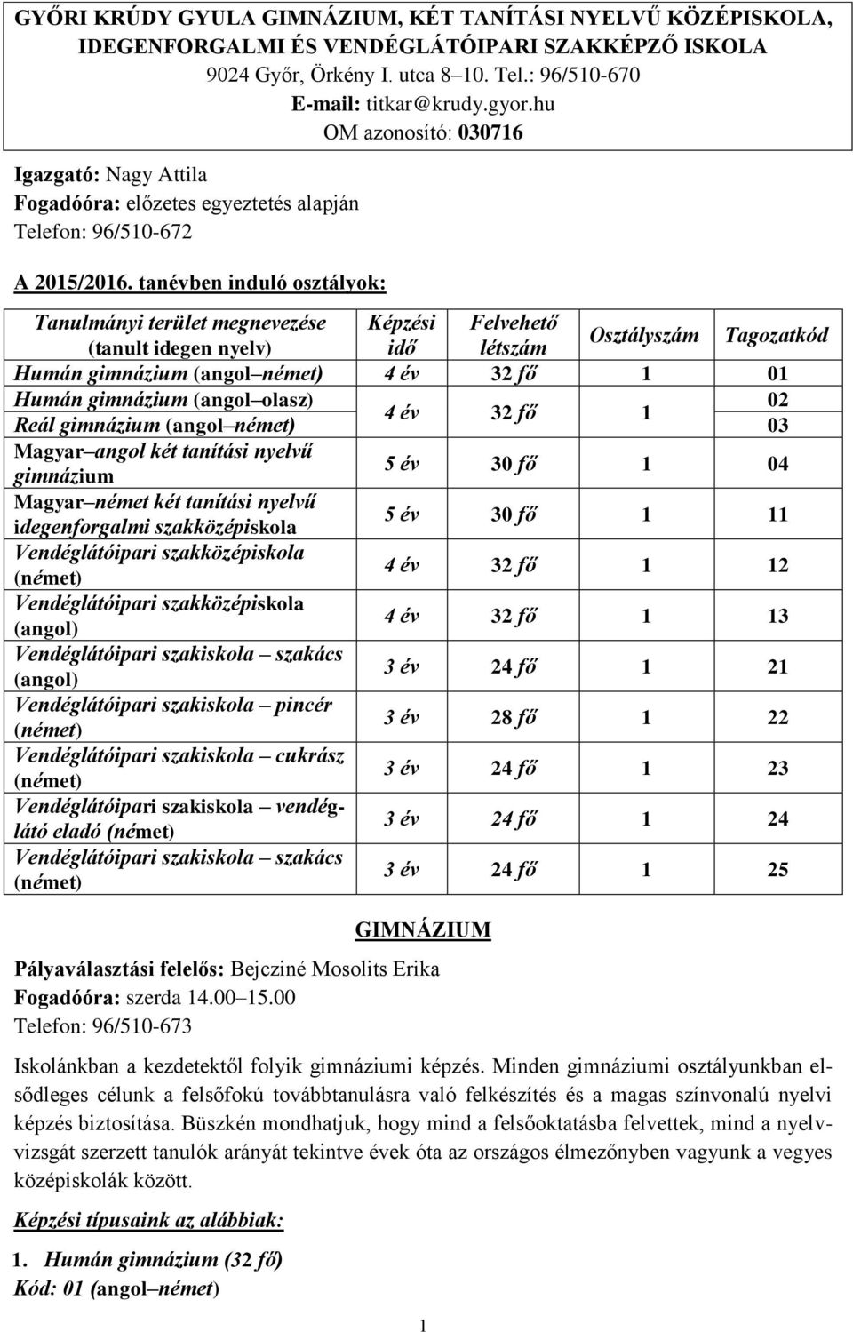 tanévben induló osztályok: Tanulmányi terület megnevezése Képzési Felvehető (tanult idegen nyelv) idő létszám Osztályszám Tagozatkód Humán gimnázium (angol német) 4 év 32 fő 1 01 Humán gimnázium