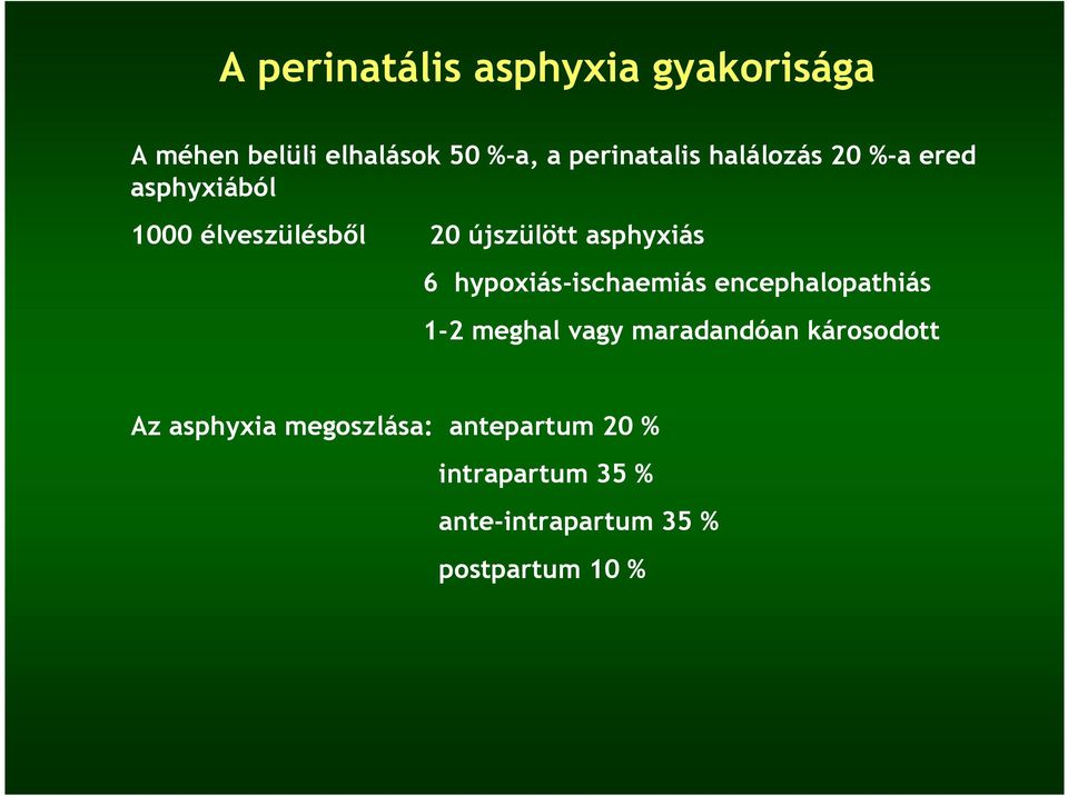 hypoxiás-ischaemiás encephalopathiás 1-2 meghal vagy maradandóan károsodott Az