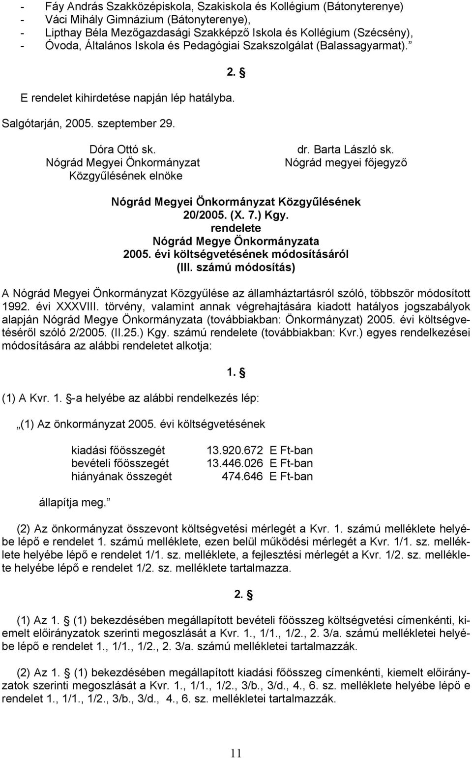 Nógrád Megyei Önkormányzat Közgyűlésének elnöke dr. Barta László sk. Nógrád megyei főjegyző Nógrád Megyei Önkormányzat Közgyűlésének 20/2005. (X. 7.) Kgy. rendelete Nógrád Megye Önkormányzata 2005.