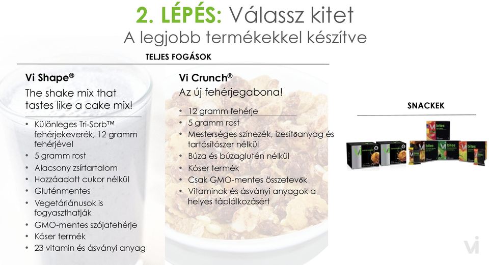 fogyaszthatják GMO-mentes szójafehérje Kóser termék 23 vitamin és ásványi anyag Vi Crunch Az új fehérjegabona!