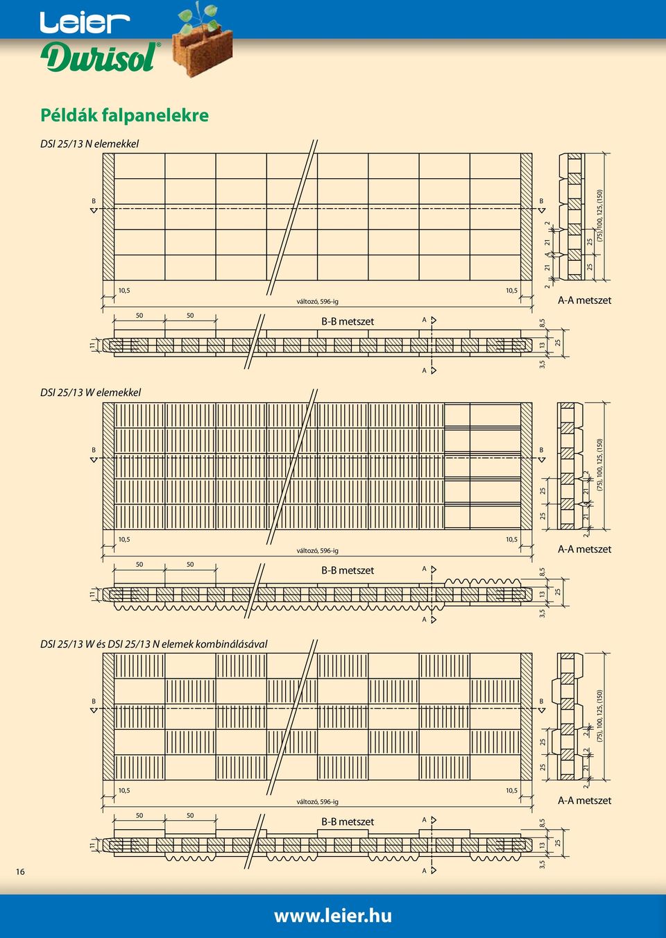 változó, 596-ig 10,5 2 A-A metszet 11 50 50 B-B metszet A 13 8,5 25 A 3,5 DSI 25/13 W és DSI 25/13 N elemek