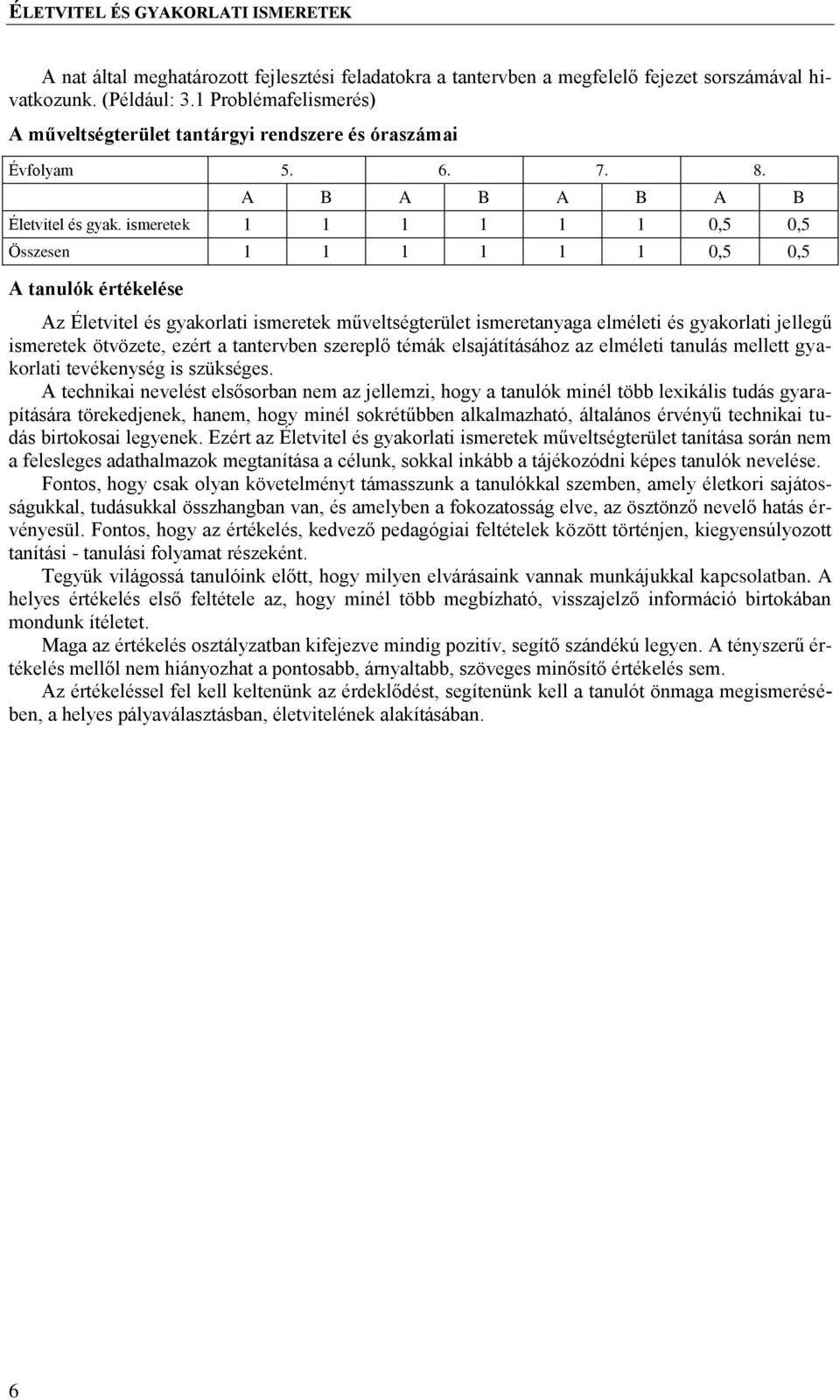 ismeretek 1 1 1 1 1 1 0,5 0,5 Összesen 1 1 1 1 1 1 0,5 0,5 A tanulók értékelése Az Életvitel és gyakorlati ismeretek műveltségterület ismeretanyaga elméleti és gyakorlati jellegű ismeretek ötvözete,