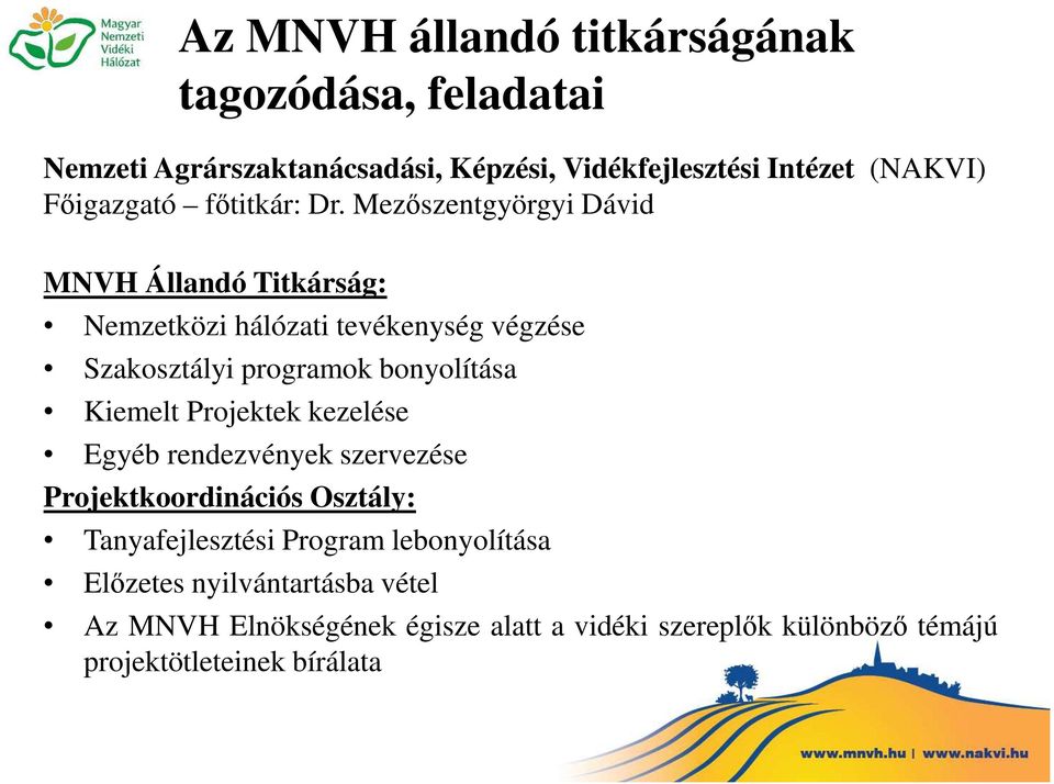 Mezőszentgyörgyi Dávid MNVH Állandó Titkárság: Nemzetközi hálózati tevékenység végzése Szakosztályi programok bonyolítása Kiemelt