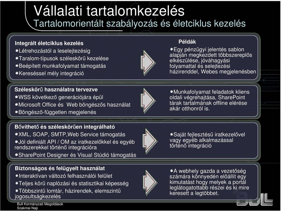 Széleskörű használatra tervezve WSS következő generációjára épül Microsoft Office és Web böngészős használat Böngésző-független megjelenés Bővíthető és széleskörűen integrálható XML, SOAP, SMTP,Web