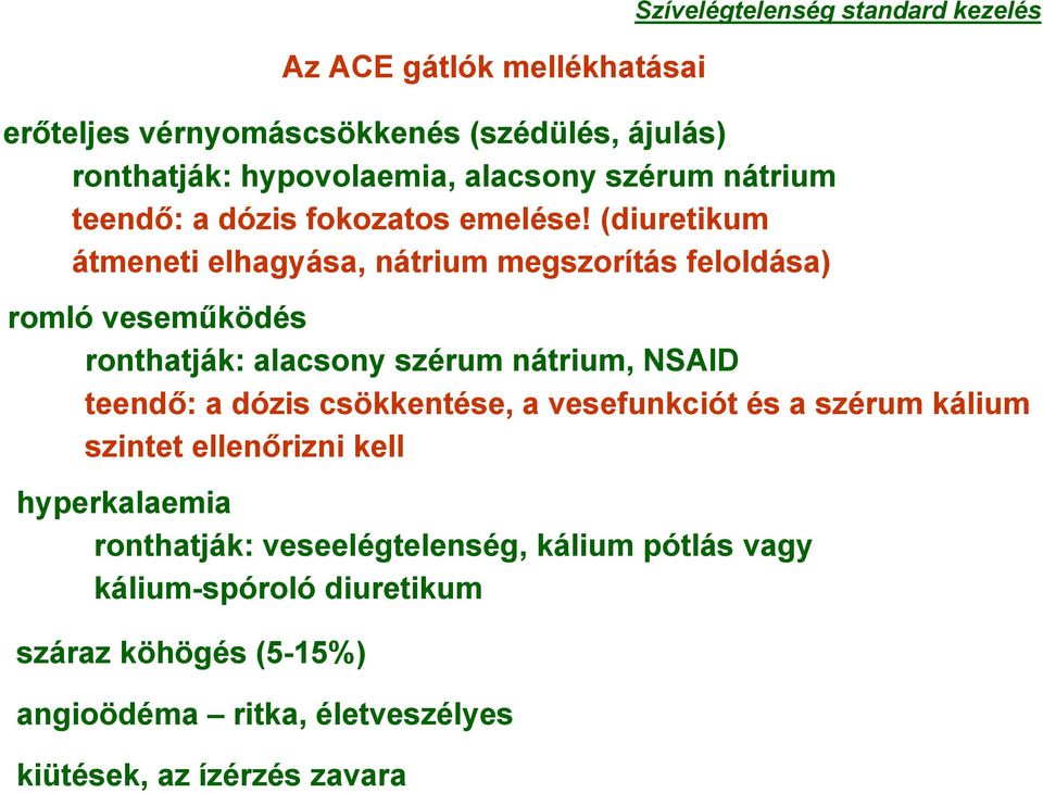(diuretikum átmeneti elhagyása, nátrium megszorítás feloldása) romló veseműködés ronthatják: alacsony szérum nátrium, NSAID teendő: a dózis