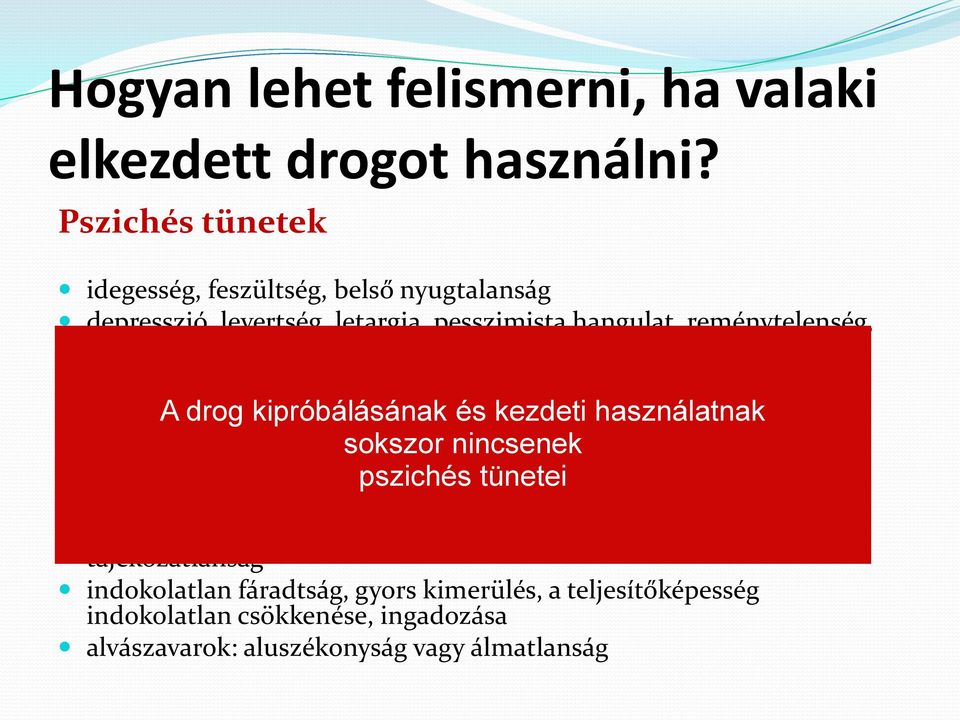 közlékenység, hangos beszéd, barátkozási hajlam, ok nélküli A drog örömkitörések, kipróbálásának nevetés, jókedv kezdeti (marihuána, használatnak hasis) túlérzékenység, minden sokszor nélküli