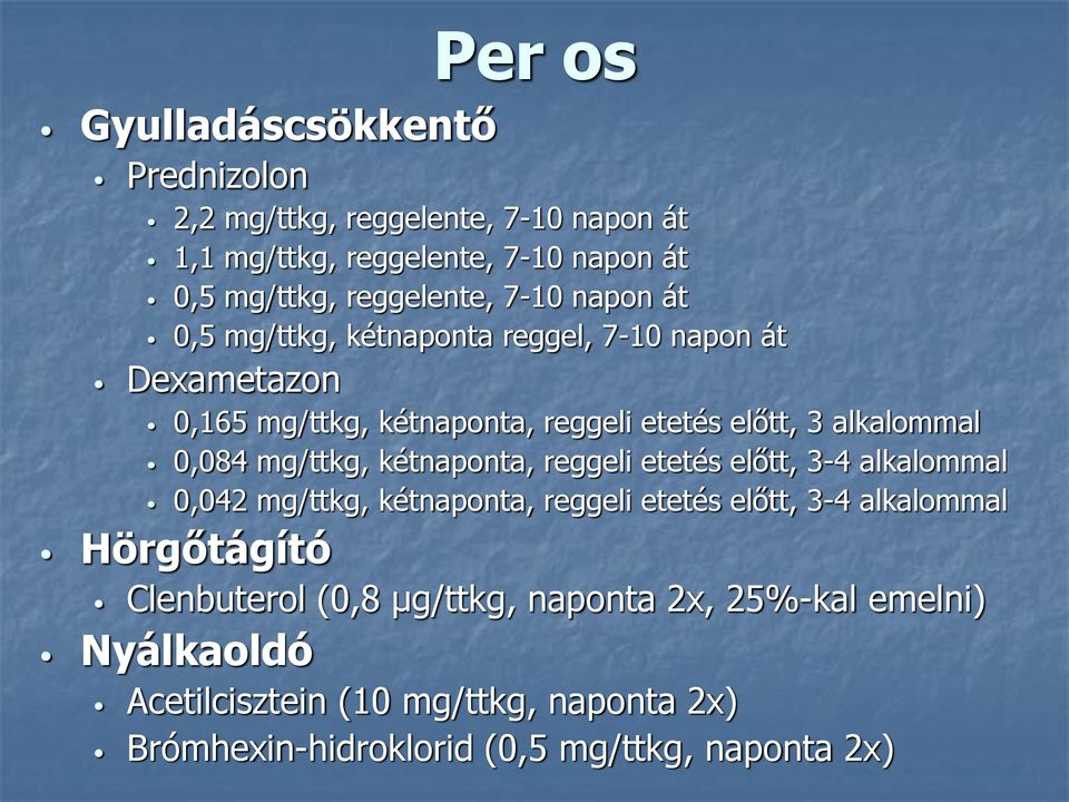 mg/ttkg, kétnaponta, reggeli etetés előtt, 3-4 alkalommal 0,042 mg/ttkg, kétnaponta, reggeli etetés előtt, 3-4 alkalommal Hörgőtágító