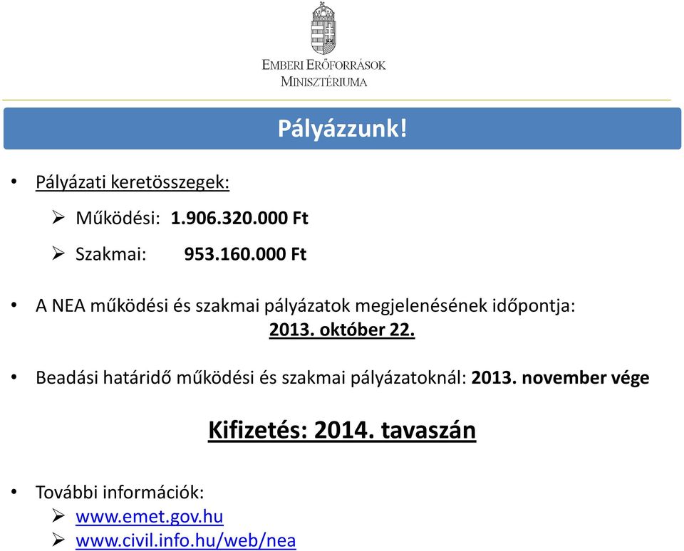 október 22. Beadási határidő működési és szakmai pályázatoknál: 2013.