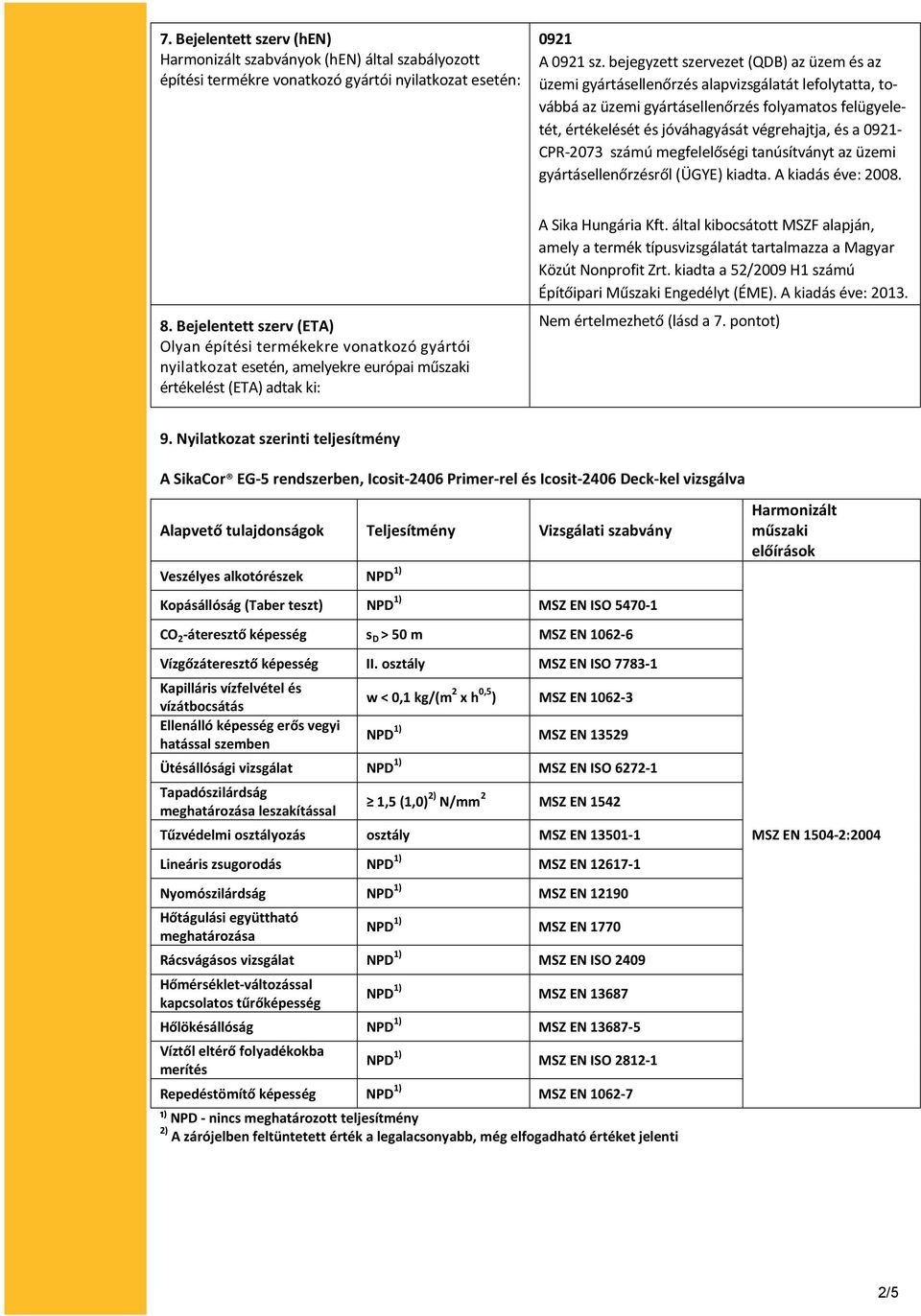 0921- CPR-2073 számú megfelelőségi tanúsítványt az üzemi gyártásellenőrzésről (ÜGYE) kiadta. A kiadás éve: 2008. 8.