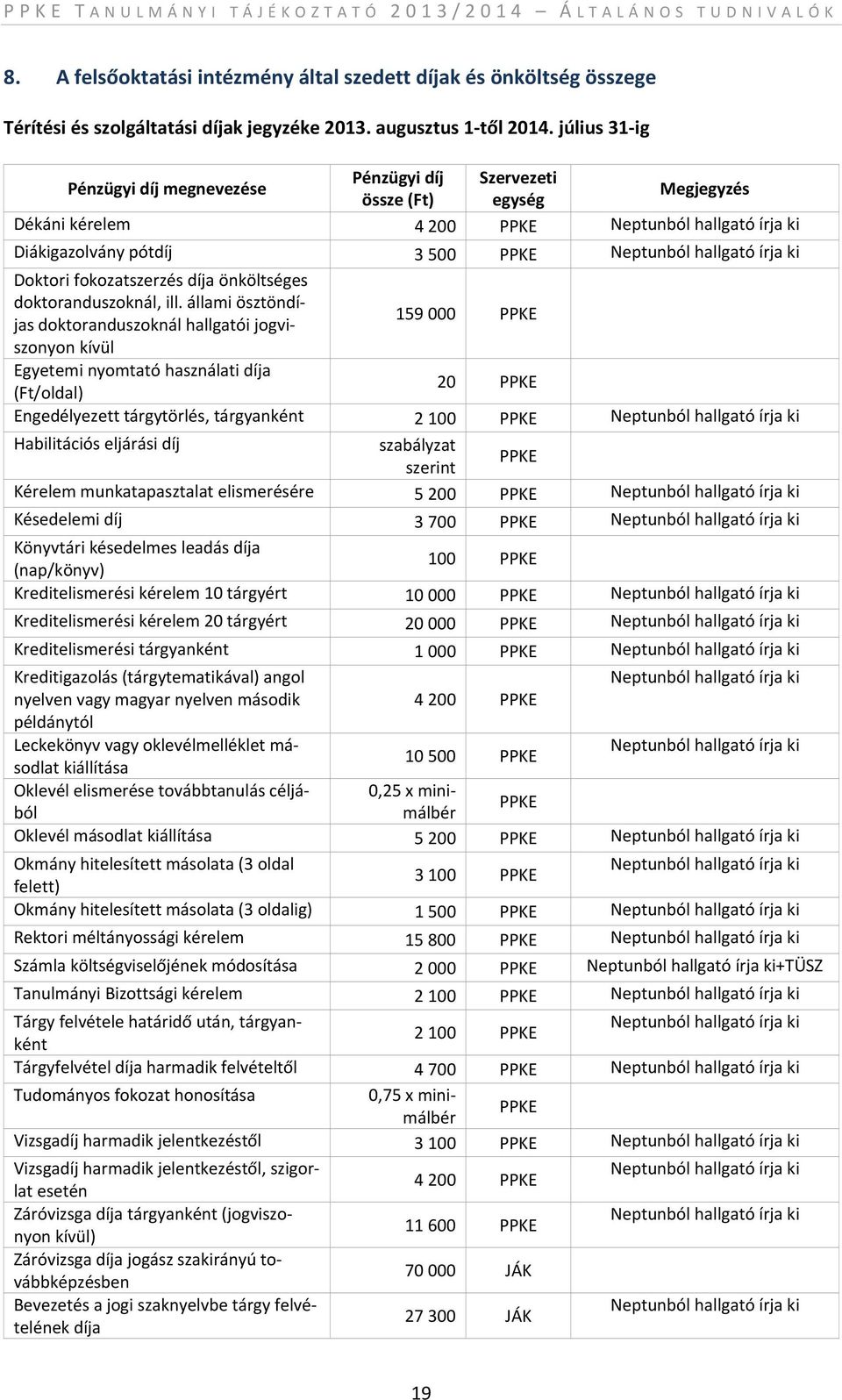 írja ki Doktori fokozatszerzés díja önköltséges doktoranduszoknál, ill.
