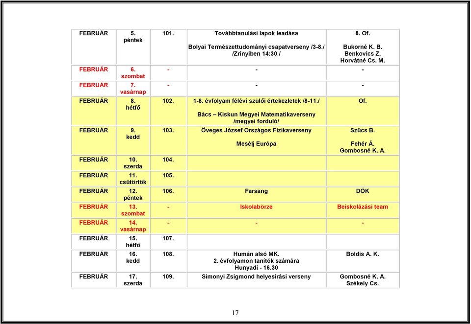 évfolyam félévi szülői értekezletek /811./ Bács Kiskun Megyei Matematikaverseny /megyei forduló/ 103. Öveges József Országos Fizikaverseny 104. 105. Mesélj Európa Of. Szűcs B.