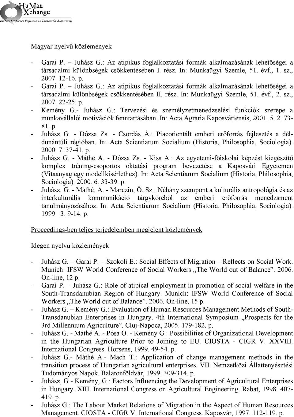 p. - Kemény G.- Juhász G.: Tervezési és személyzetmenedzselési funkciók szerepe a munkavállalói motivációk fenntartásában. In: Acta Agraria Kaposváriensis, 2001. 5. 2. 73-81. p. - Juhász G.