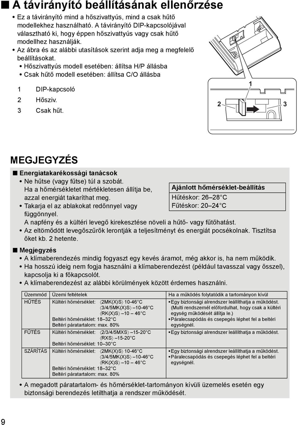 Hőszivattyús modell esetében: állítsa H/P állásba Csak hűtő modell esetében: állítsa C/O állásba 1 DIP-kapcsoló 2 Hősziv. 3 Csak hűt.
