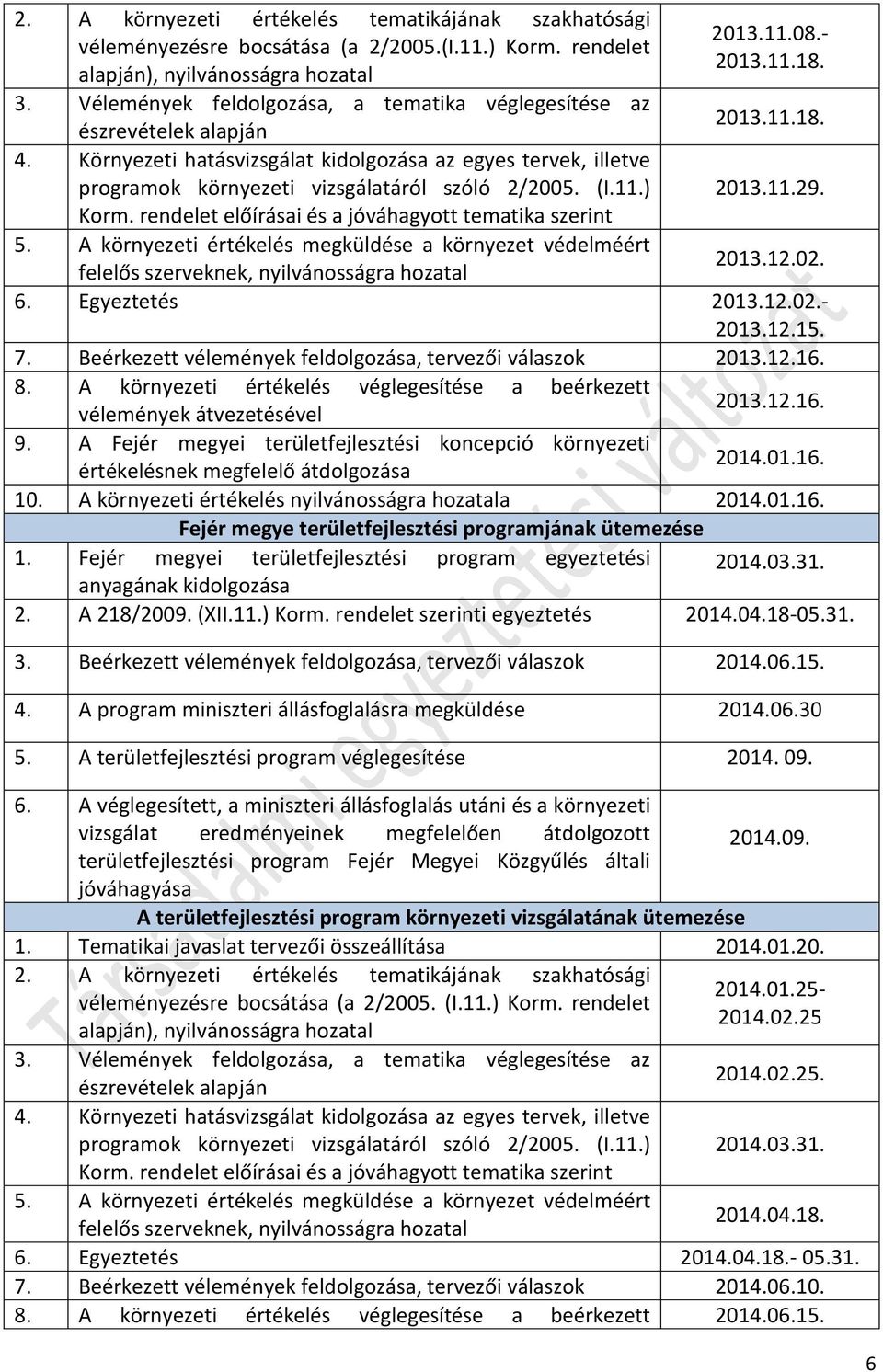 ) Korm. rendelet előírásai és a jóváhagyott tematika szerint 5. A környezeti értékelés megküldése a környezet védelméért 2013.11.08.- 2013.11.18. 2013.11.18. 2013.11.29. 2013.12.02.