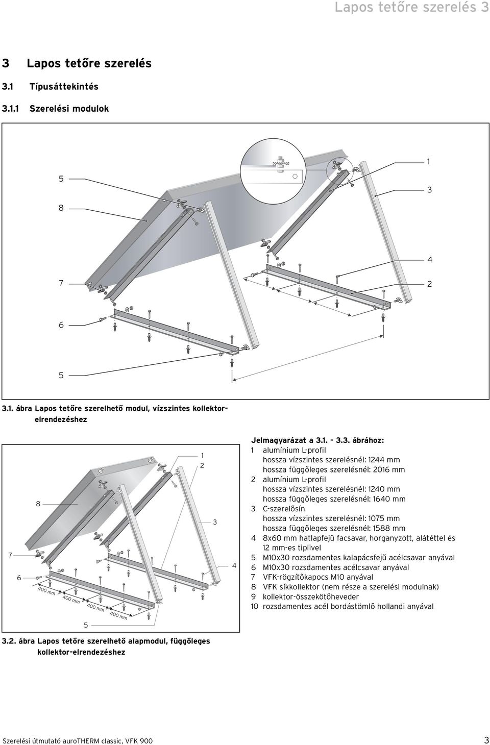 3. ábrához: 1 alumínium L-profil hossza vízszintes szerelésnél: 1244 mm hossza függőleges szerelésnél: 2016 mm 2 alumínium L-profil hossza vízszintes szerelésnél: 1240 mm hossza függőleges