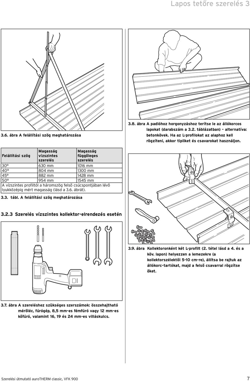 Felállítási szög Magasság vízszintes szerelés Magasság függőleges szerelés 30 630 mm 1016 mm 40 804 mm 1300 mm 45 882 mm 1428 mm 50 954 mm 1545 mm A vízszintes profiltól a háromszög felső