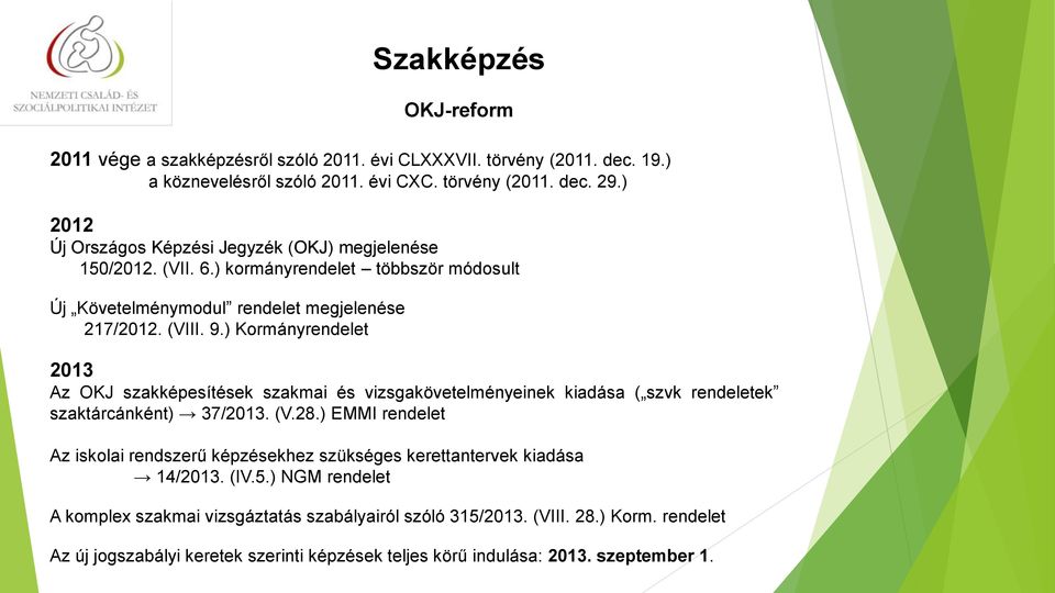 ) Kormányrendelet Szakképzés OKJ-reform 2013 Az OKJ szakképesítések szakmai és vizsgakövetelményeinek kiadása ( szvk rendeletek szaktárcánként) 37/2013. (V.28.