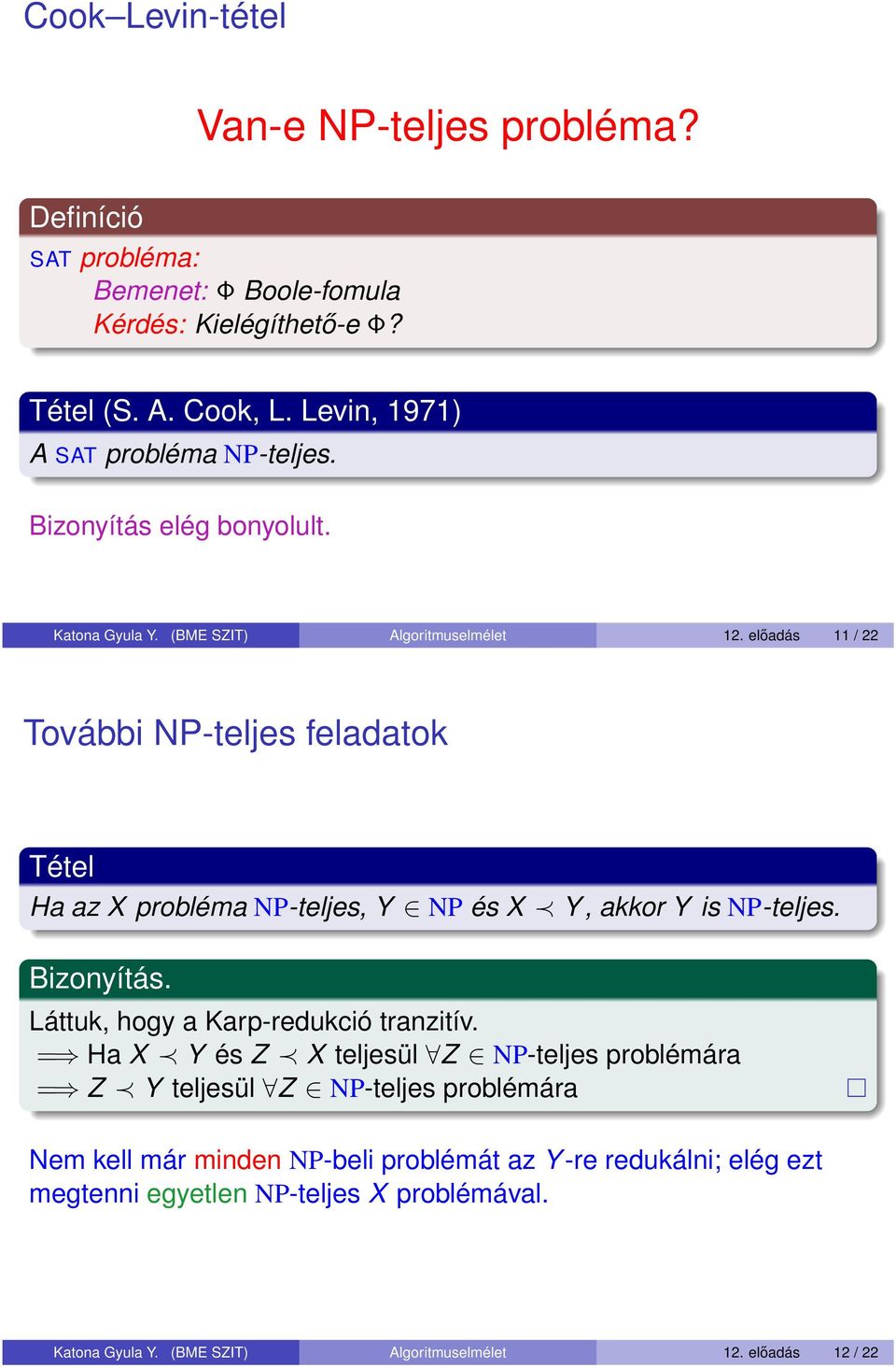 előadás 11 / 22 További NP-teljes feladatok Ha az X probléma NP-teljes, Y NP és X Y, akkor Y is NP-teljes. Láttuk, hogy a Karp-redukció tranzitív.