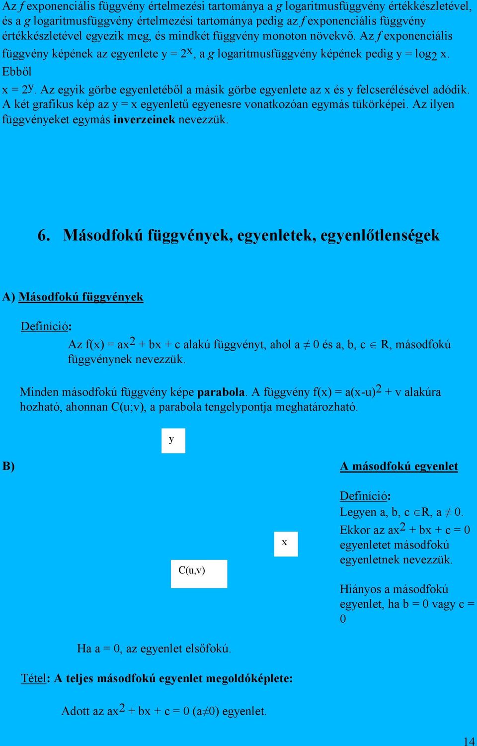 Az egyik görbe egyenletéből a másik görbe egyenlete az x és y felcserélésével adódik. A két grafikus kép az y = x egyenletű egyenesre vonatkozóan egymás tükörképei.