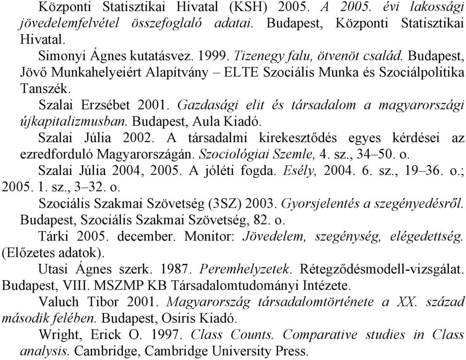 Gazdasági elit és társadalom a magyarországi újkapitalizmusban. Budapest, Aula Kiadó. Szalai Júlia 2002. A társadalmi kirekesztődés egyes kérdései az ezredforduló Magyarországán.