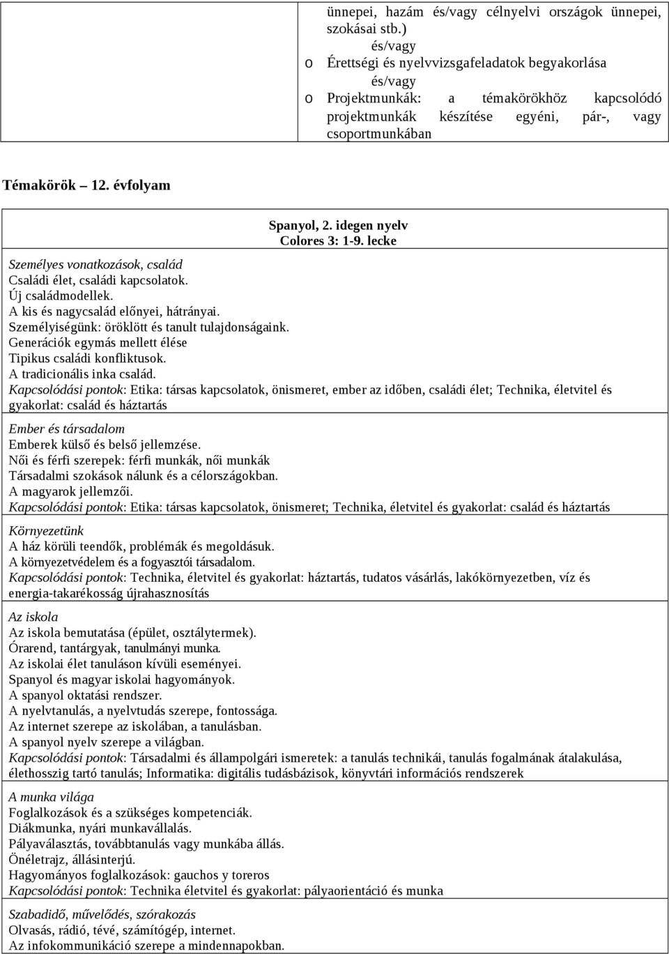 évfolyam Spanyol, 2. idegen nyelv Colores 3: 1-9. lecke Személyes vonatkozások, család Családi élet, családi kapcsolatok. Új családmodellek. A kis és nagycsalád előnyei, hátrányai.