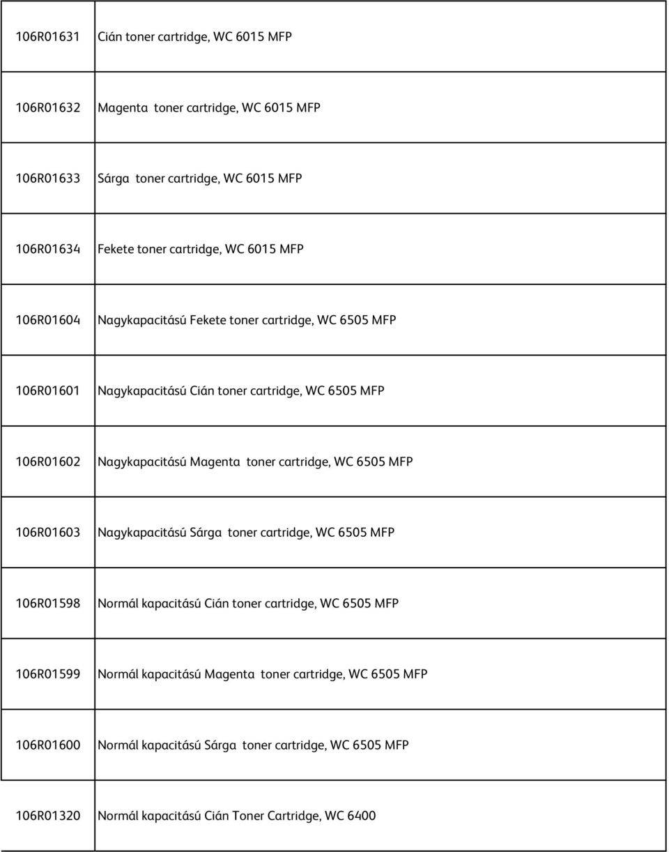 Magenta toner cartridge, WC 6505 MFP 106R01603 Nagykapacitású Sárga toner cartridge, WC 6505 MFP 106R01598 Normál kapacitású Cián toner cartridge, WC 6505 MFP