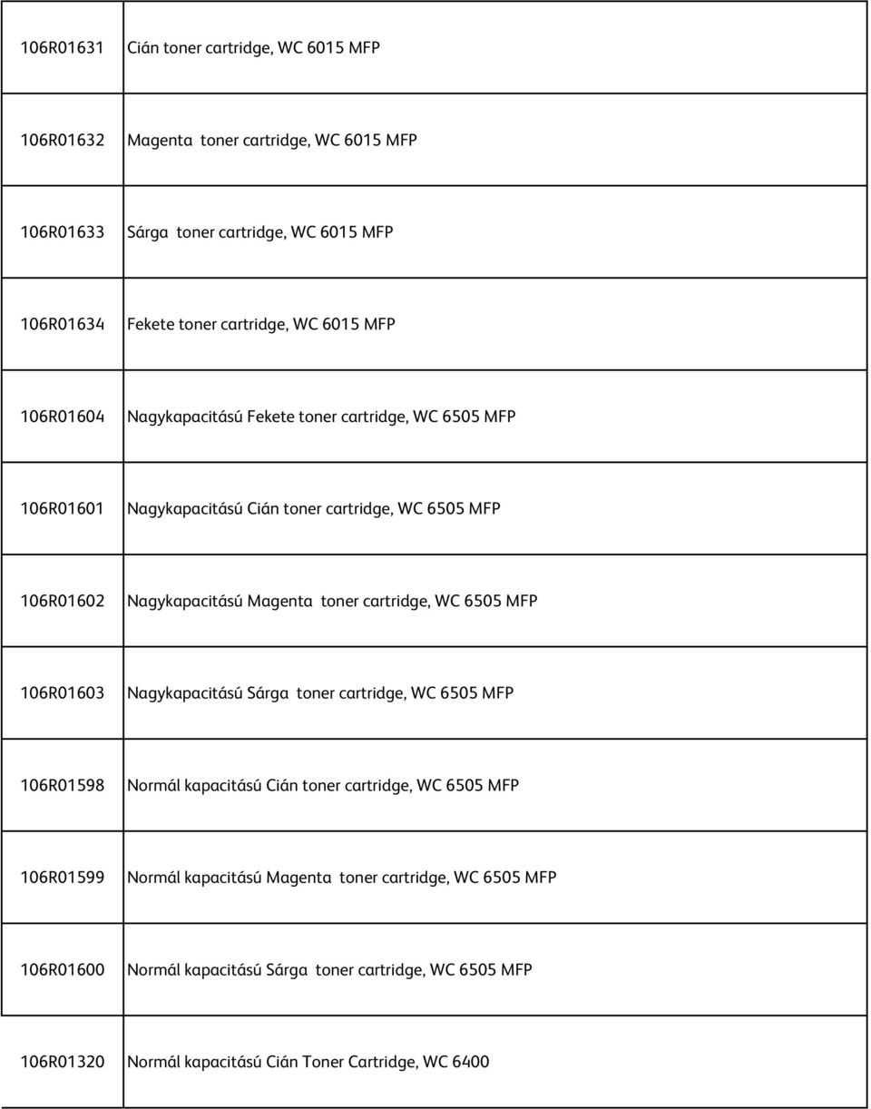 Magenta toner cartridge, WC 6505 MFP 106R01603 Nagykapacitású Sárga toner cartridge, WC 6505 MFP 106R01598 Normál kapacitású Cián toner cartridge, WC 6505 MFP