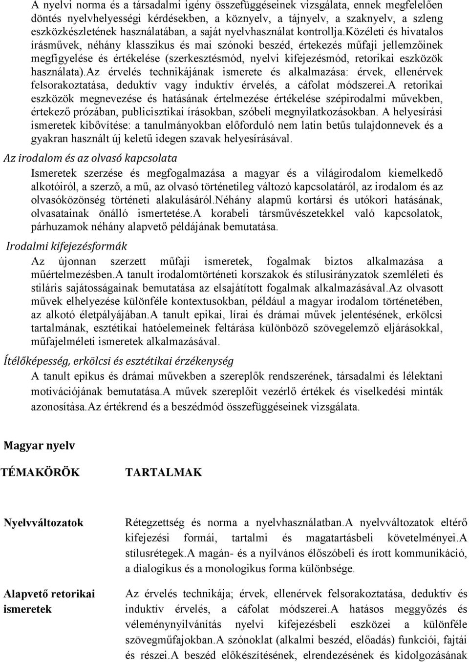 közéleti és hivatalos írásművek, néhány klasszikus és mai szónoki beszéd, értekezés műfaji jellemzőinek megfigyelése és értékelése (szerkesztésmód, nyelvi kifejezésmód, retorikai eszközök használata).