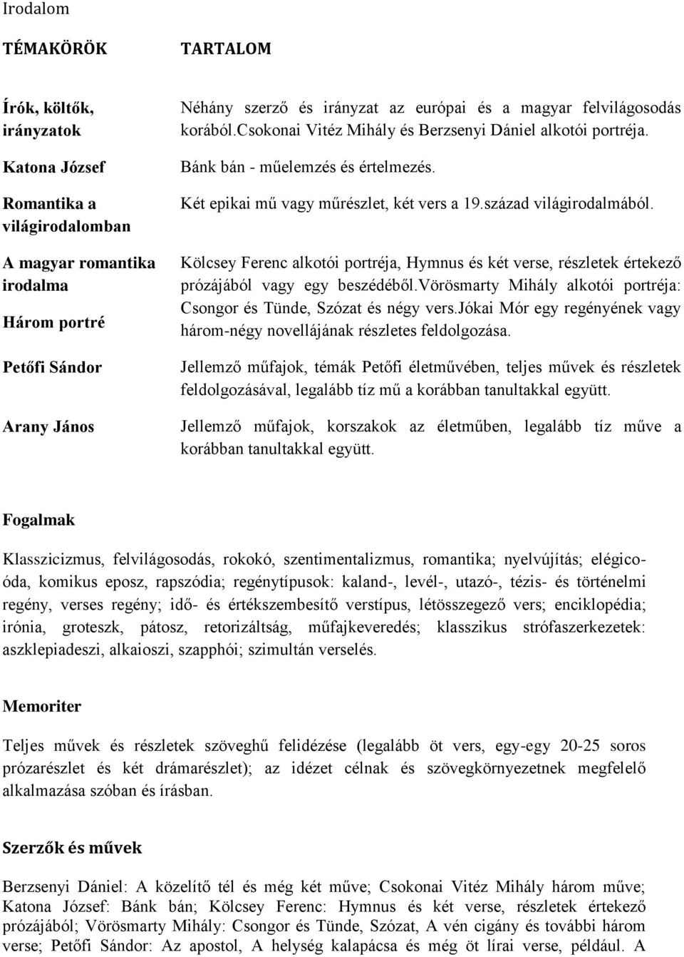 Kölcsey Ferenc alkotói portréja, Hymnus és két verse, részletek értekező prózájából vagy egy beszédéből.vörösmarty Mihály alkotói portréja: Csongor és Tünde, Szózat és négy vers.