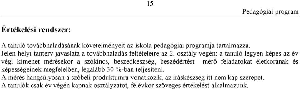 osztály végén: a tanuló legyen képes az év végi kimenet mérésekor a szókincs, beszédkészség, beszédértést mérő feladatokat életkorának és