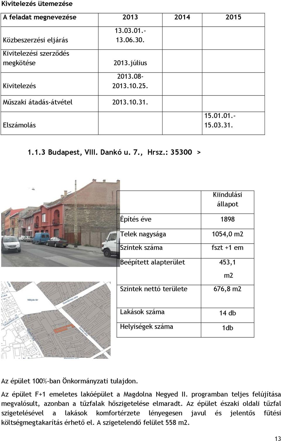 : 35300 > Kiindulási állapot Építés éve 1898 Telek nagysága Szintek száma 1054,0 m2 fszt +1 em Beépített alapterület 453,1 m2 Szintek nettó területe 676,8 m2 Lakások száma Helyiségek száma 14 db 1db