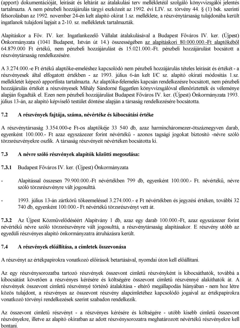 Alapításkor a Főv. IV. ker. Ingatlankezelő Vállalat átalakulásával a Budapest Főváros IV. ker. (Újpest) Önkormányzata (1041 Budapest, István út 14.) összességében az alapításkori 80.000.