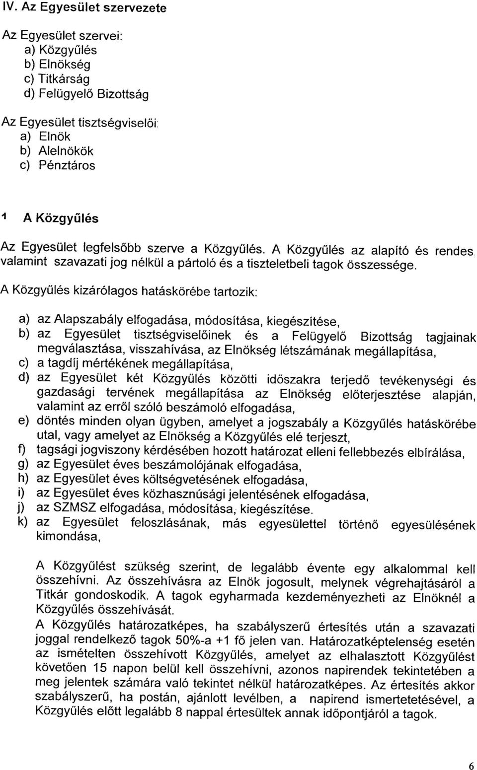 az Alapszabály elfogadása, módosítása, kiegészítése, b) az Egyesület tisztségviselõinek és a Felügyelõ Bizottság tagjainak megválasztása, visszahívása, az Elnökség létszámának megállapítása, c) a