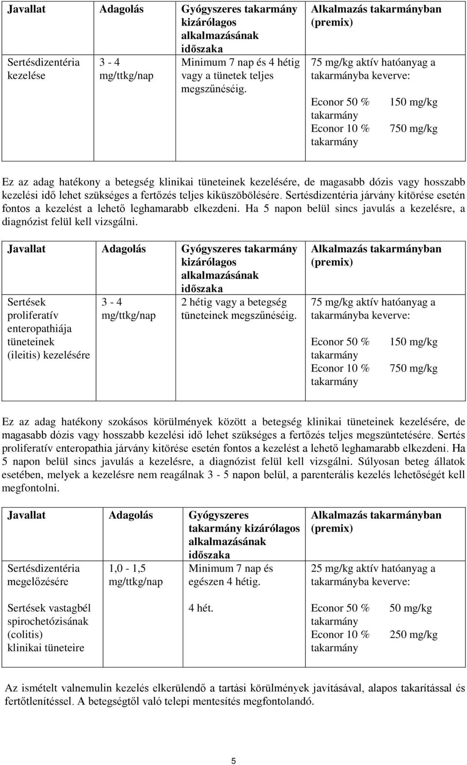 kezelésére, de magasabb dózis vagy hosszabb kezelési idő lehet szükséges a fertőzés teljes kiküszöbölésére. Sertésdizentéria járvány kitörése esetén fontos a kezelést a lehető leghamarabb elkezdeni.