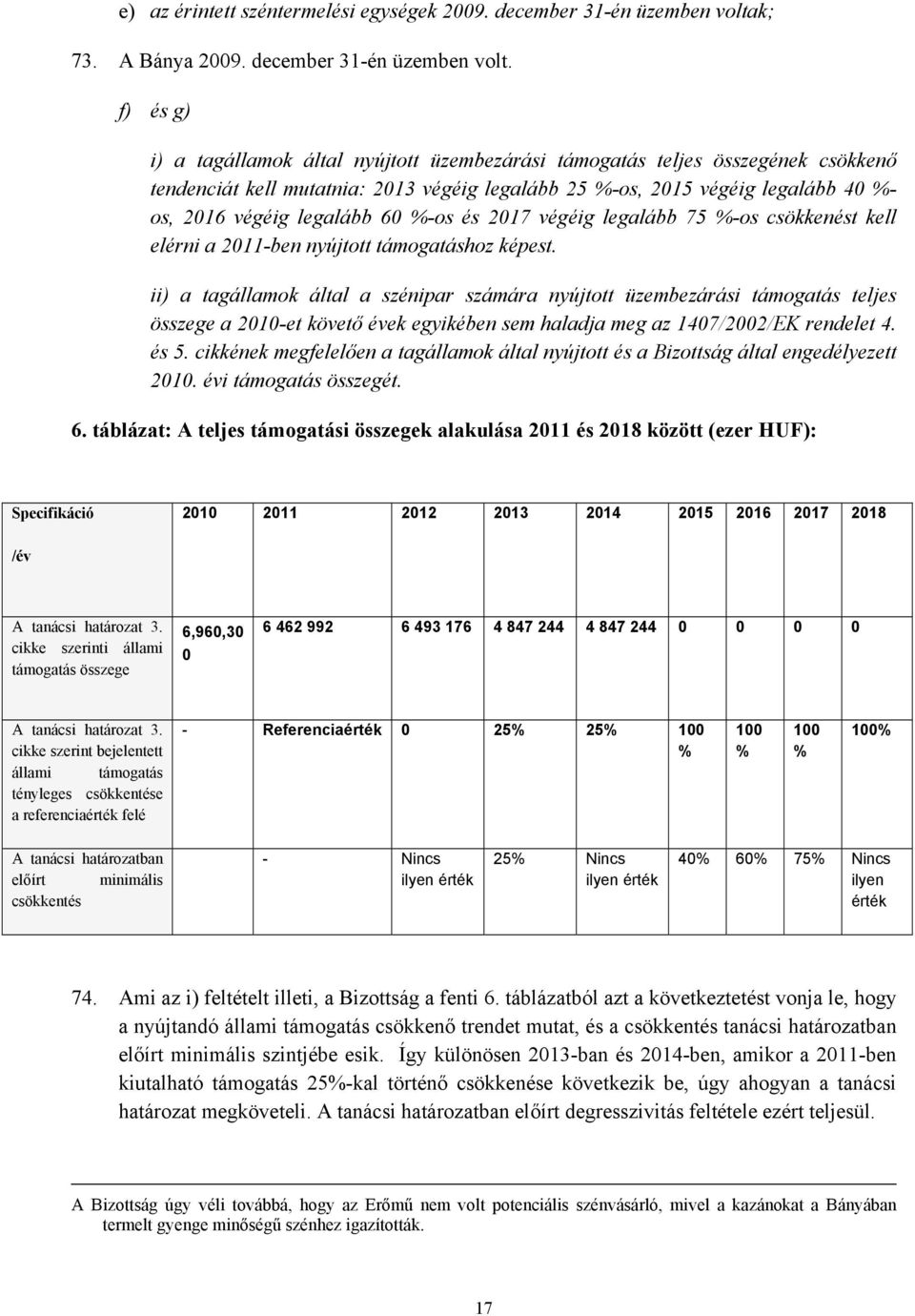 f) és g) i) a tagállamok által nyújtott üzembezárási támogatás teljes összegének csökkenő tendenciát kell mutatnia: 2013 végéig legalább 25 %-os, 2015 végéig legalább 40 %- os, 2016 végéig legalább