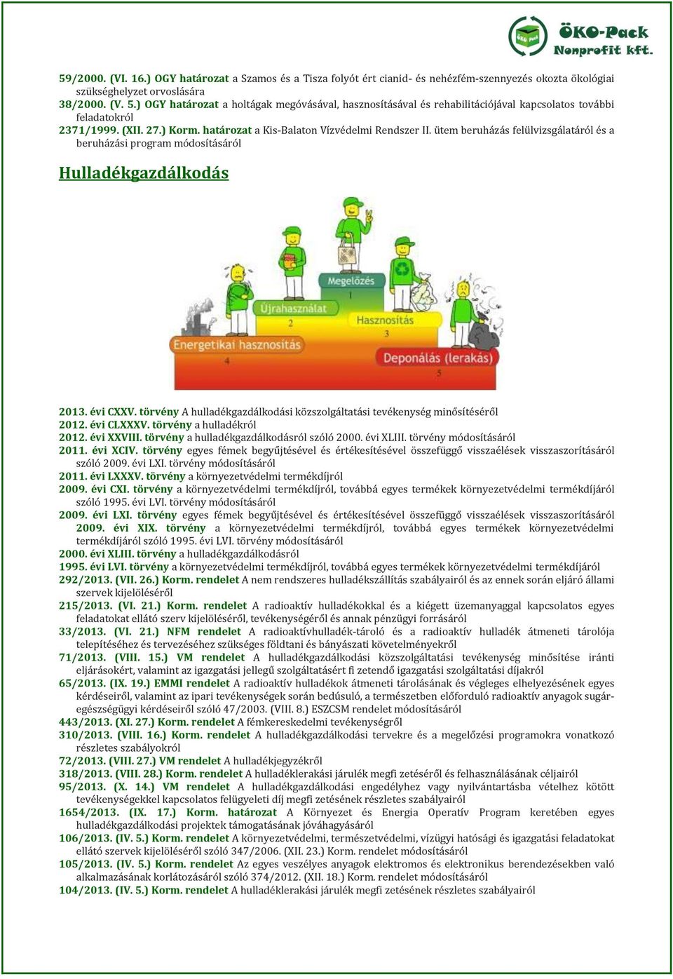 ütem beruházás felülvizsgálatáról és a beruházási program Hulladékgazdálkodás 2013. évi CXXV. törvény A hulladékgazdálkodási közszolgáltatási tevékenység minősítéséről 2012. évi CLXXXV.