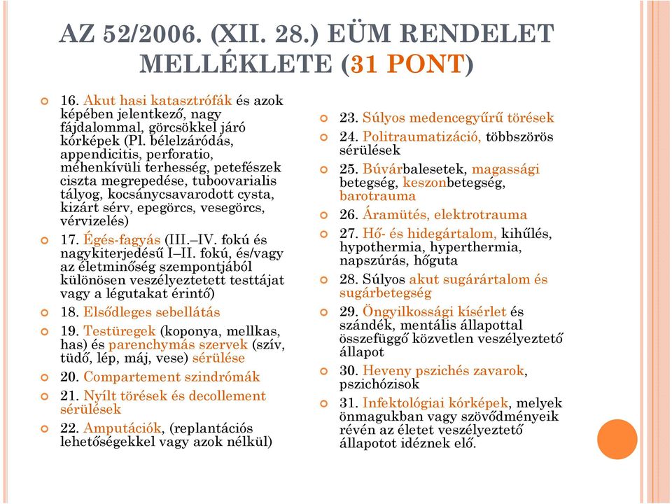 Égés-fagyás (III. IV. fokú és nagykiterjedésű I II. fokú, és/vagy az életminőség szempontjából különösen veszélyeztetett testtájat vagy a légutakat érintő) 18. Elsődleges sebellátás 19.